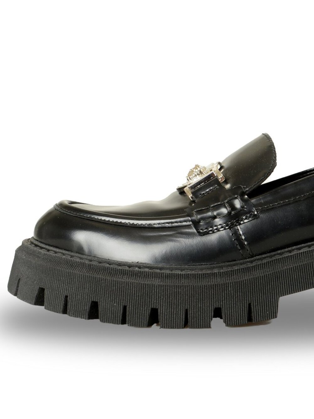 Versace Women's Black 100% Leather Silver Medusa Head Loafers Shoes US 9 IT 39 - Picture 2 of 8